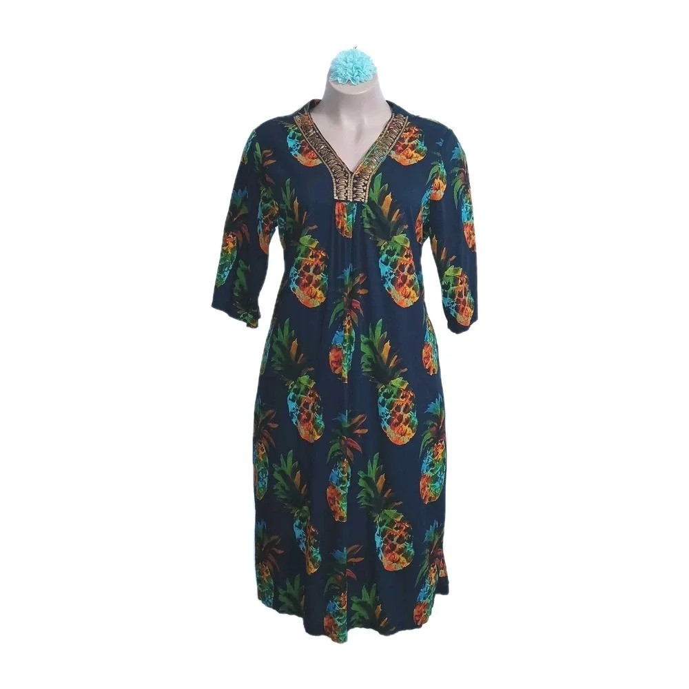 Kate Landry Tropical Dress XL Blue Women Pineapple Hawaii Resort Vacation Fruit